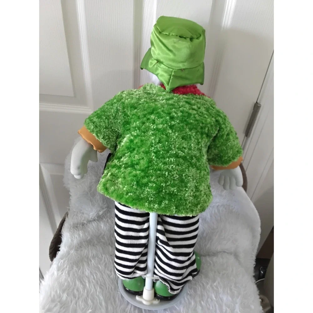 Vintage‎ 24 Inch Porcelain Clown Doll Green Fuzzy Jacket Striped Pants Stand